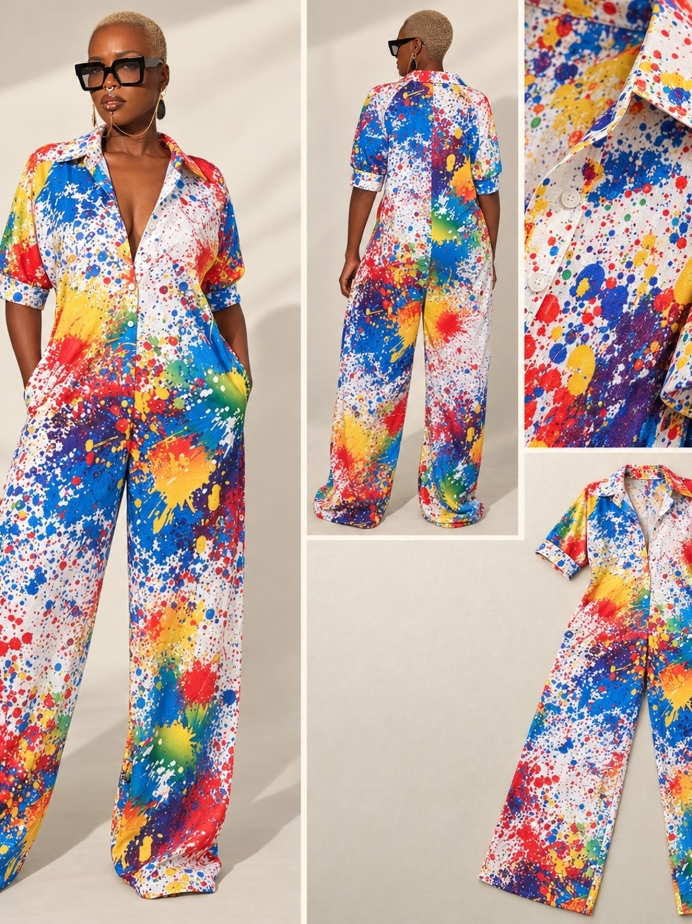 Color Splash Button-Front Wide-Leg Jumpsuit - Multicolor